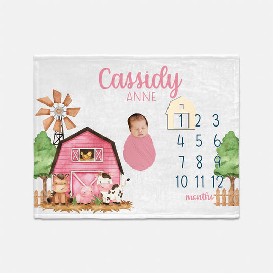 Girl Farm Animal Baby Milestone Blanket, Barn C45