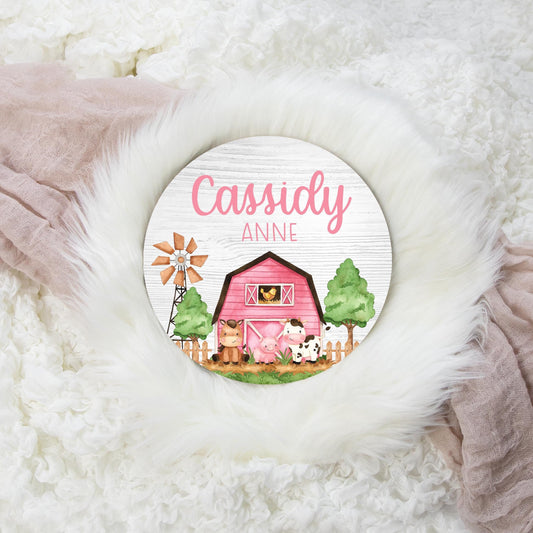 Girl Farm Animal Round Wood Name Sign, C45