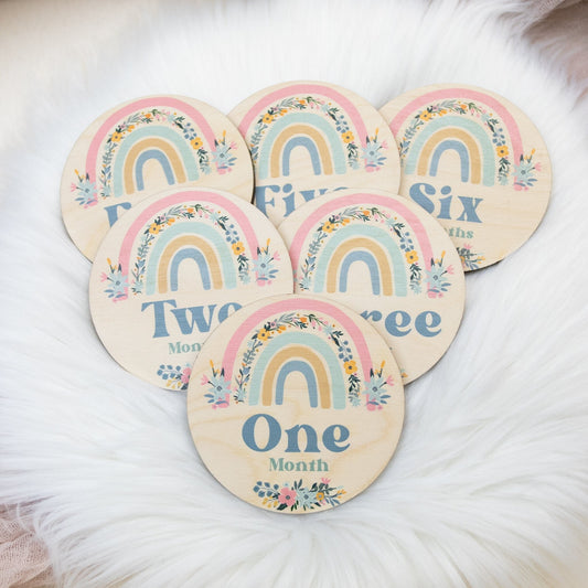 Rainbow Wood Milestone Cards, Boho T32