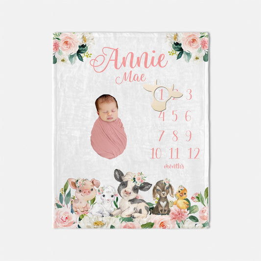 Floral Girl Farm Animal Milestone Blanket, C47