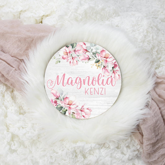 Magnolia Floral Round Wood Name Sign, Pink F102