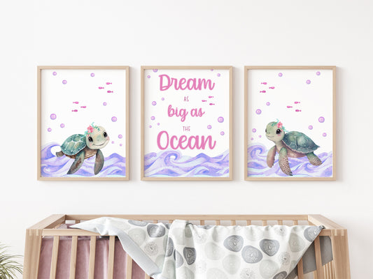 Girl Turtle Nursery Wall Art Poster, Ocean Life  O33