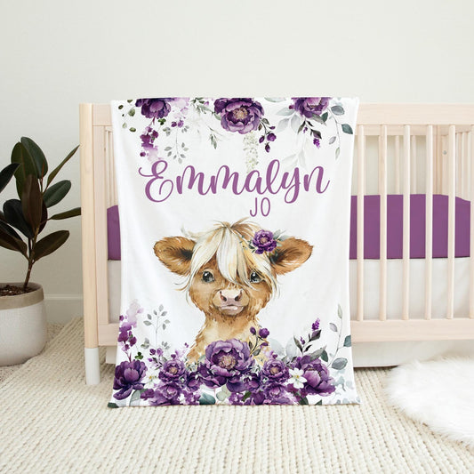 Girl Boho Highland Cow Personalized Baby Blanket, Farm Animal Theme, C46