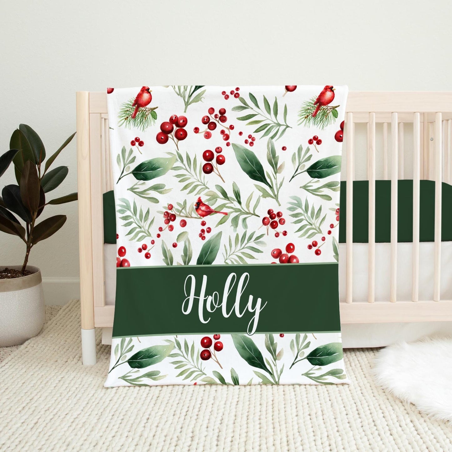 Personalized Holly Cardinal Christmas Baby Blanket