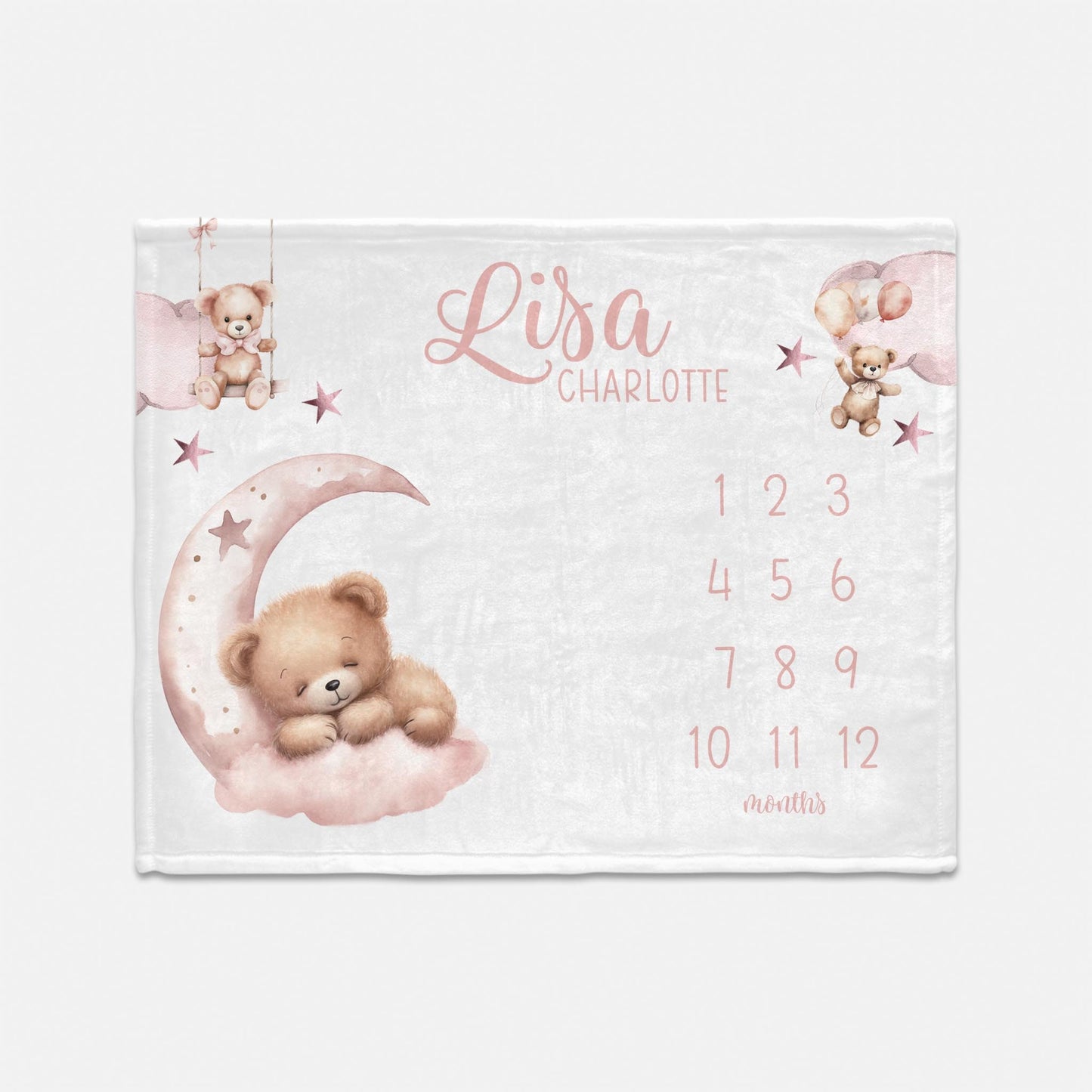 Girl Bear Moon and Stars Baby Milestone Blanket, G70