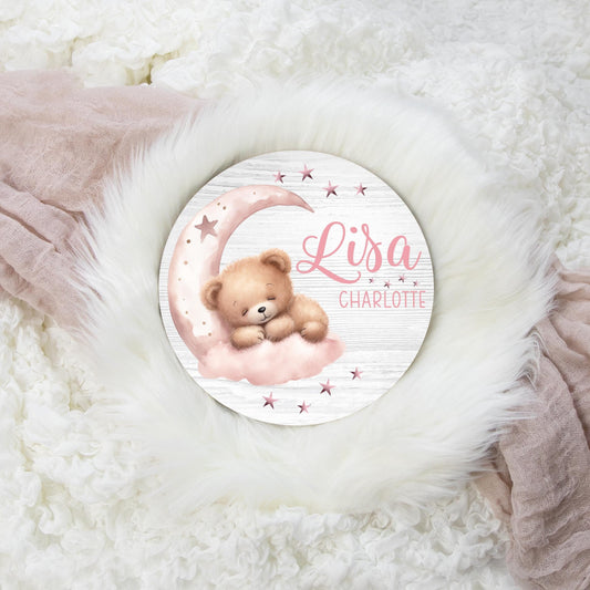 Lullaby Baby Girl Bear Wood Name Sign, Moon G70