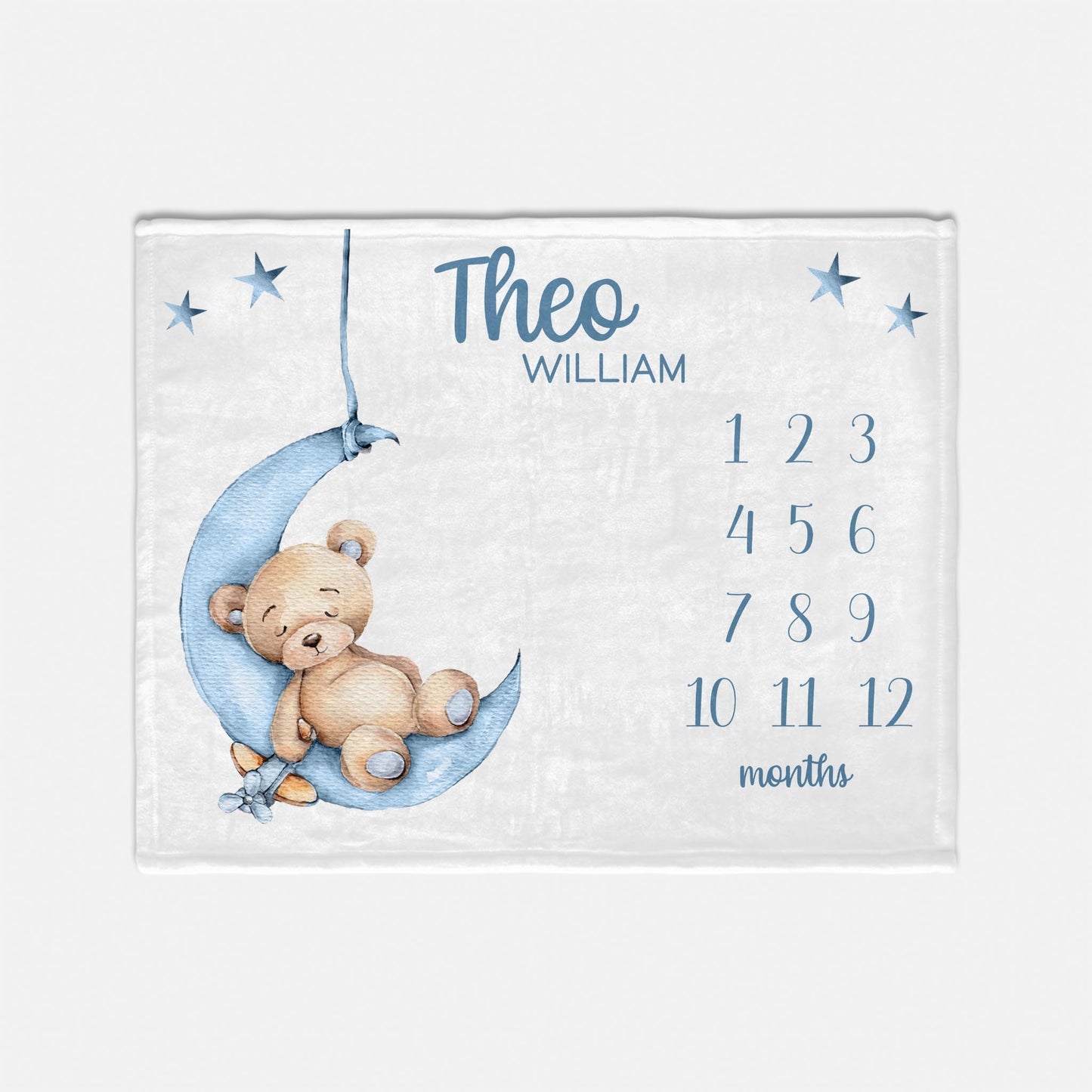 Bear Moon and Stars Baby Milestone Blanket, Luna Boy, B28