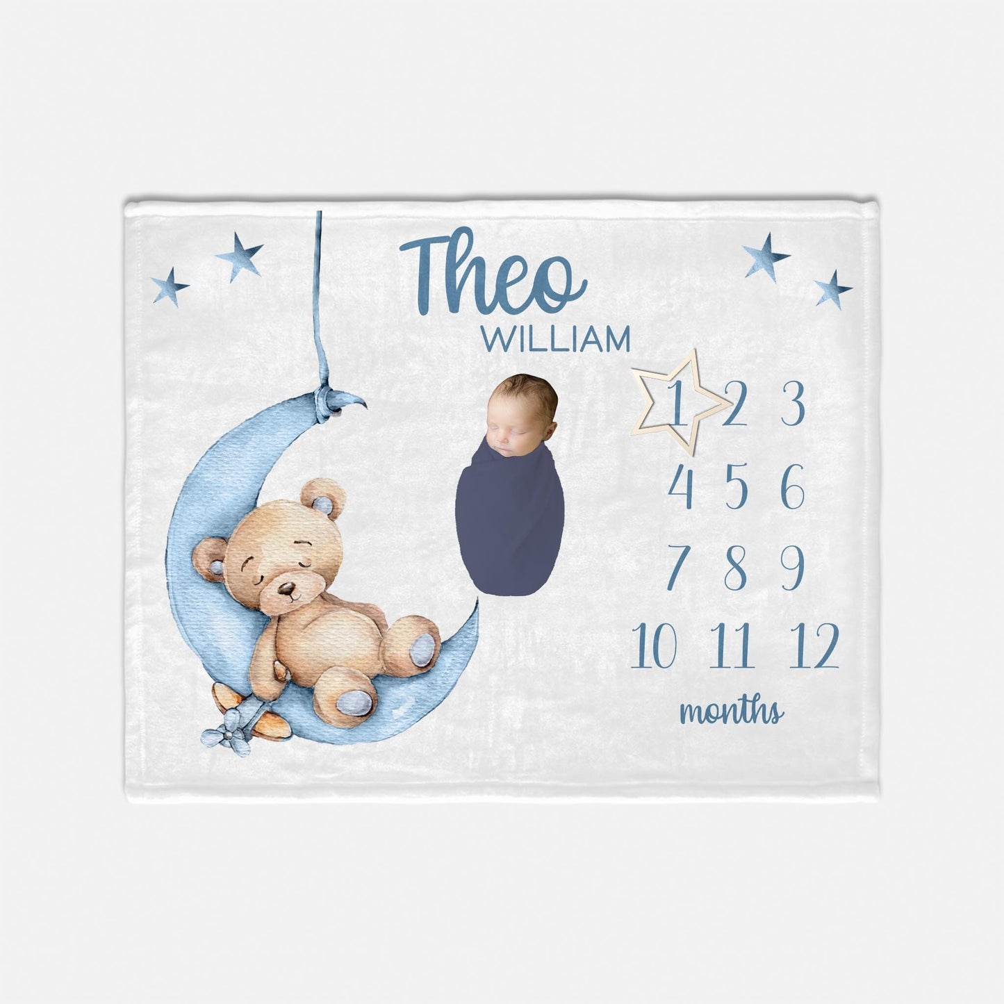 Bear Moon and Stars Baby Milestone Blanket, Luna Boy, B28