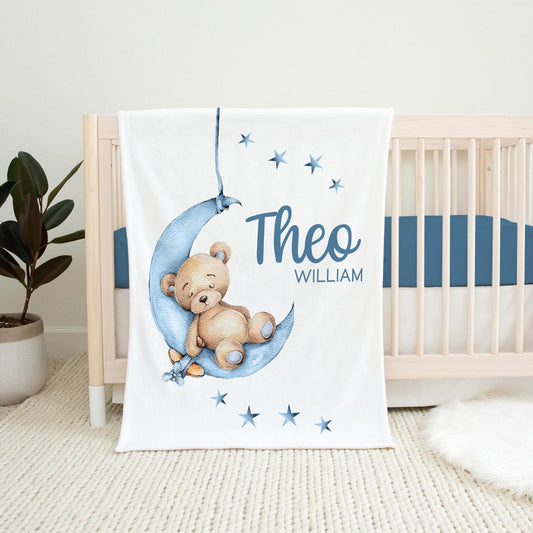 Personalized Moon and Stars Baby Blanket, Lullaby Bear, B28