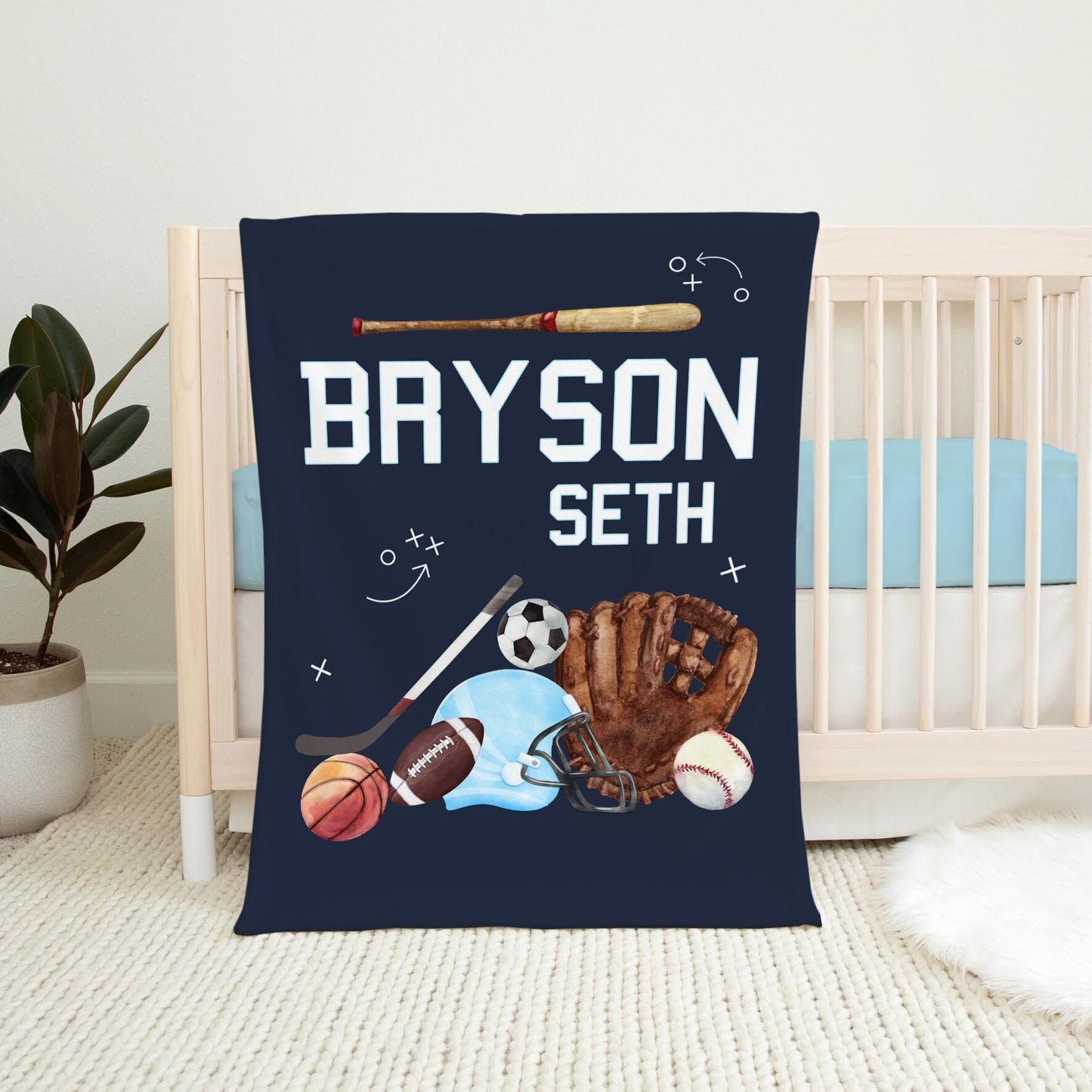 Sports Baby Blanket, Baseball and Football Personalized Baby Blanket, B73