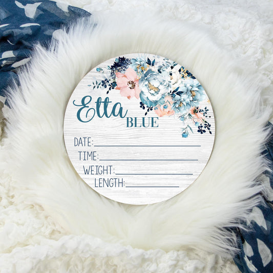 Girl Blue and Blush Floral Wood Birth Stat Sign, F103