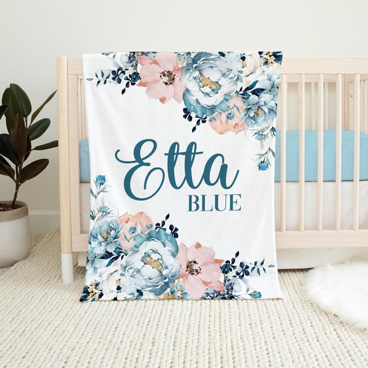 Blue and Blush Rose Floral Personalized Baby Blanket, F103