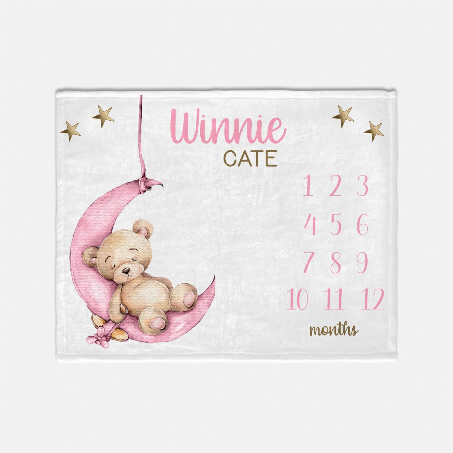 Girl Bear Moon and Stars Baby Milestone Blanket, G26