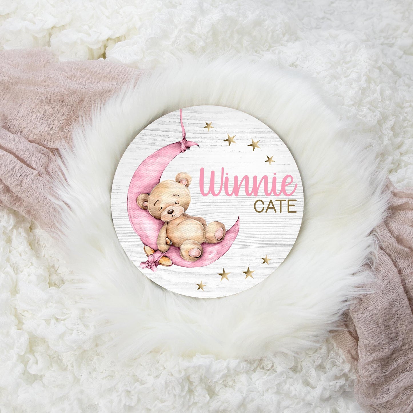 Lullaby Baby Girl Bear Wood Name Sign, Moon G26