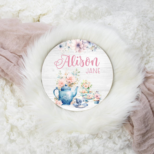 Tea Party Round Wood Name Sign, G71