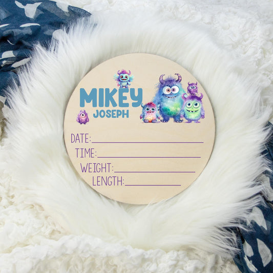 Monster Round Wood Birth Stat Sign, B76