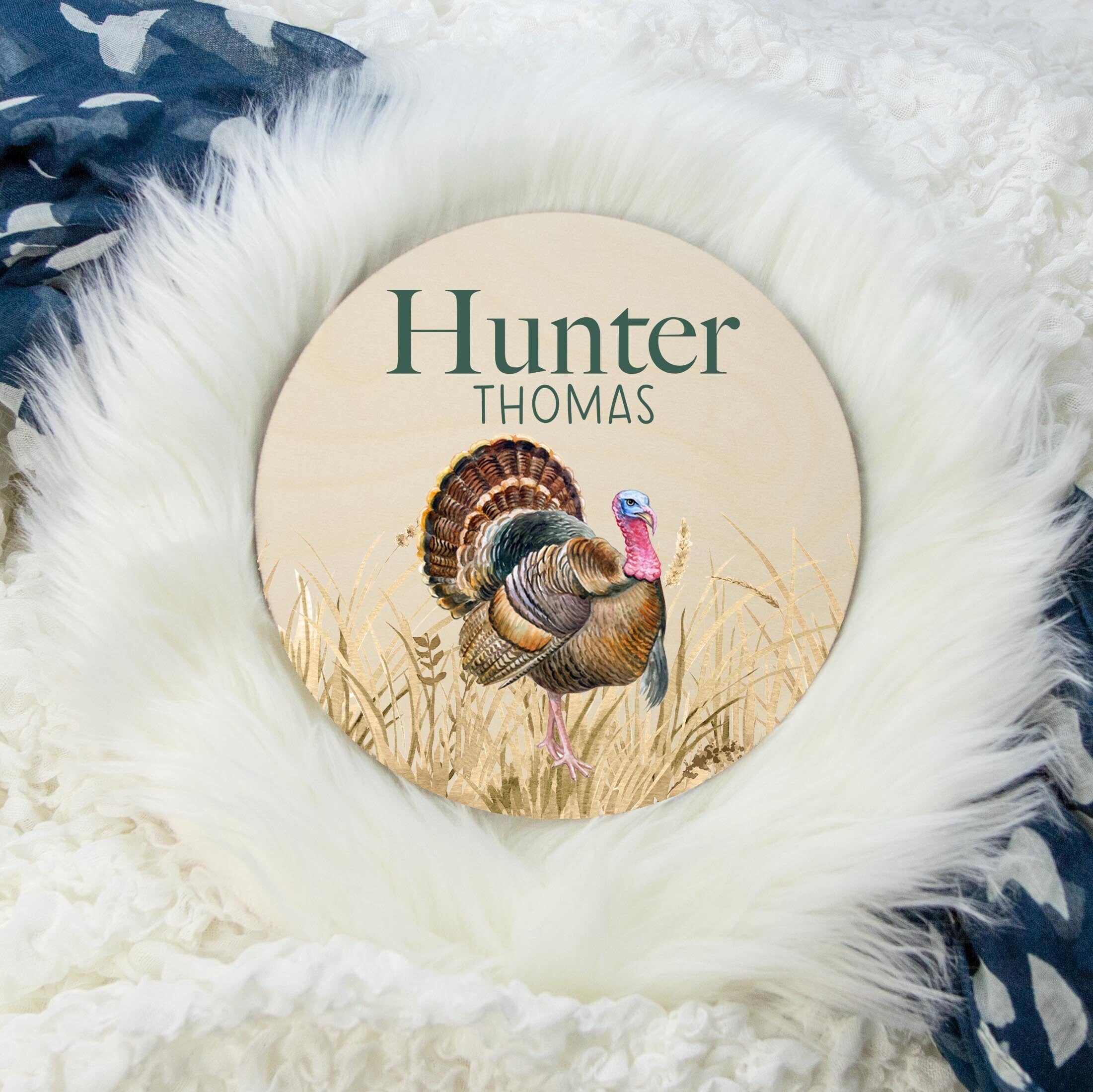 Turkey Hunting Round Wood Name Sign, W60 – The Little Blue Lion