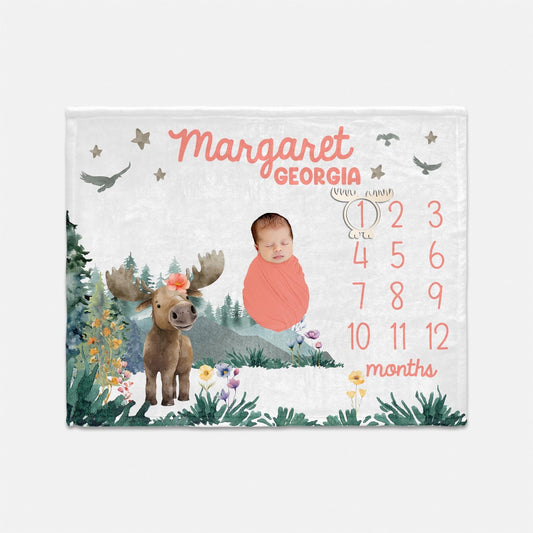 Girl Moose Milestone Blanket, Forest Woodland W44