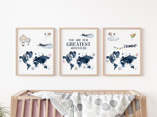 World Map Nursery Wall Art Poster, 3 Mailed Posters, Travel Nursery, T1