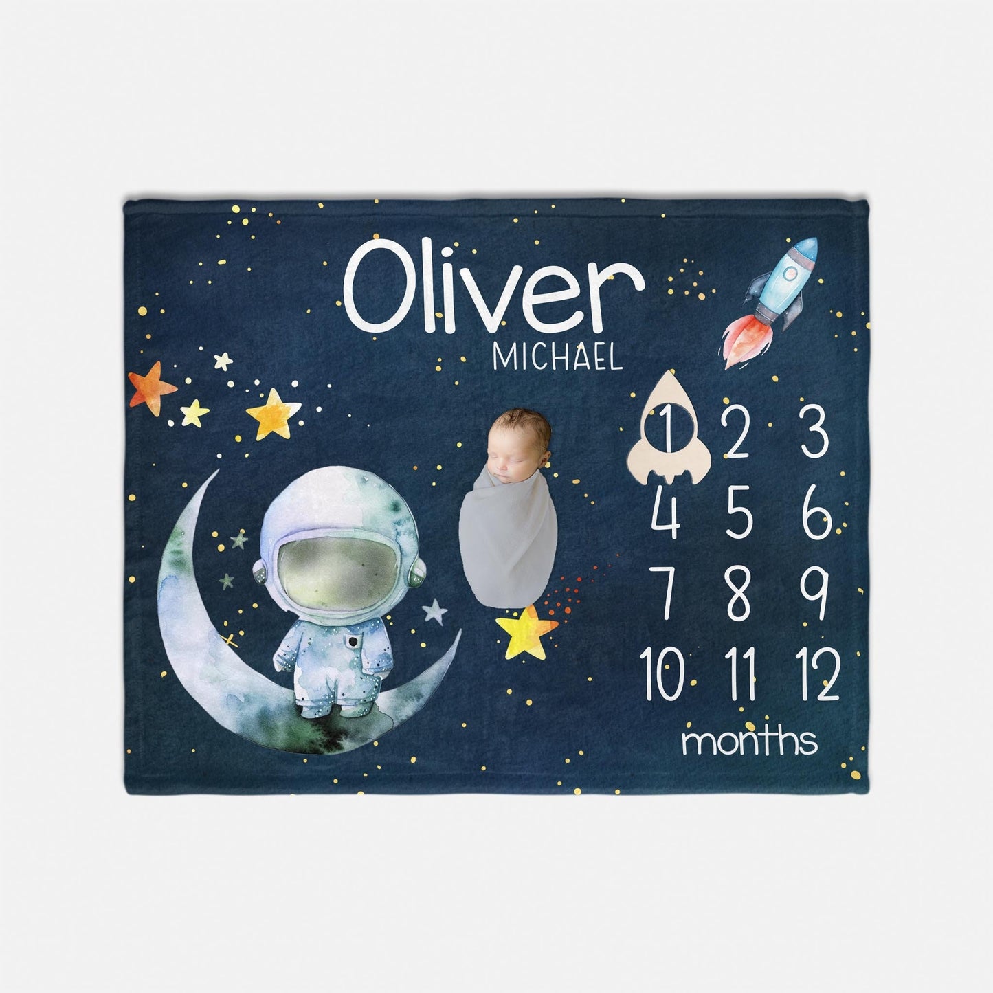 Boy Astronaut Moon and Stars Baby Milestone Blanket, Outer Space theme, T67