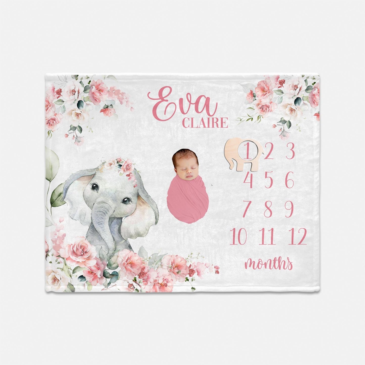 Elephant Pink Floral Baby Milestone Blanket, S51