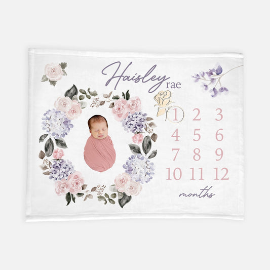 Hydrangea and Roses Baby Milestone Blanket, Elegant Floral F66