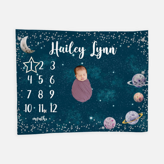 Outer Space Baby Milestone Blanket, Stars and Planets T21