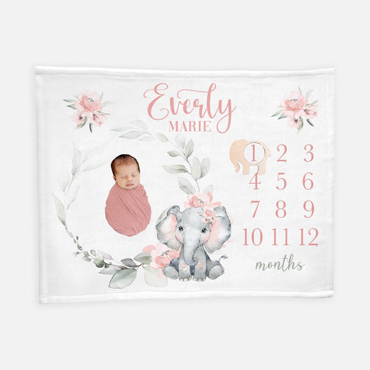 Girl Elephant Milestone Blanket, Pink Roses S52