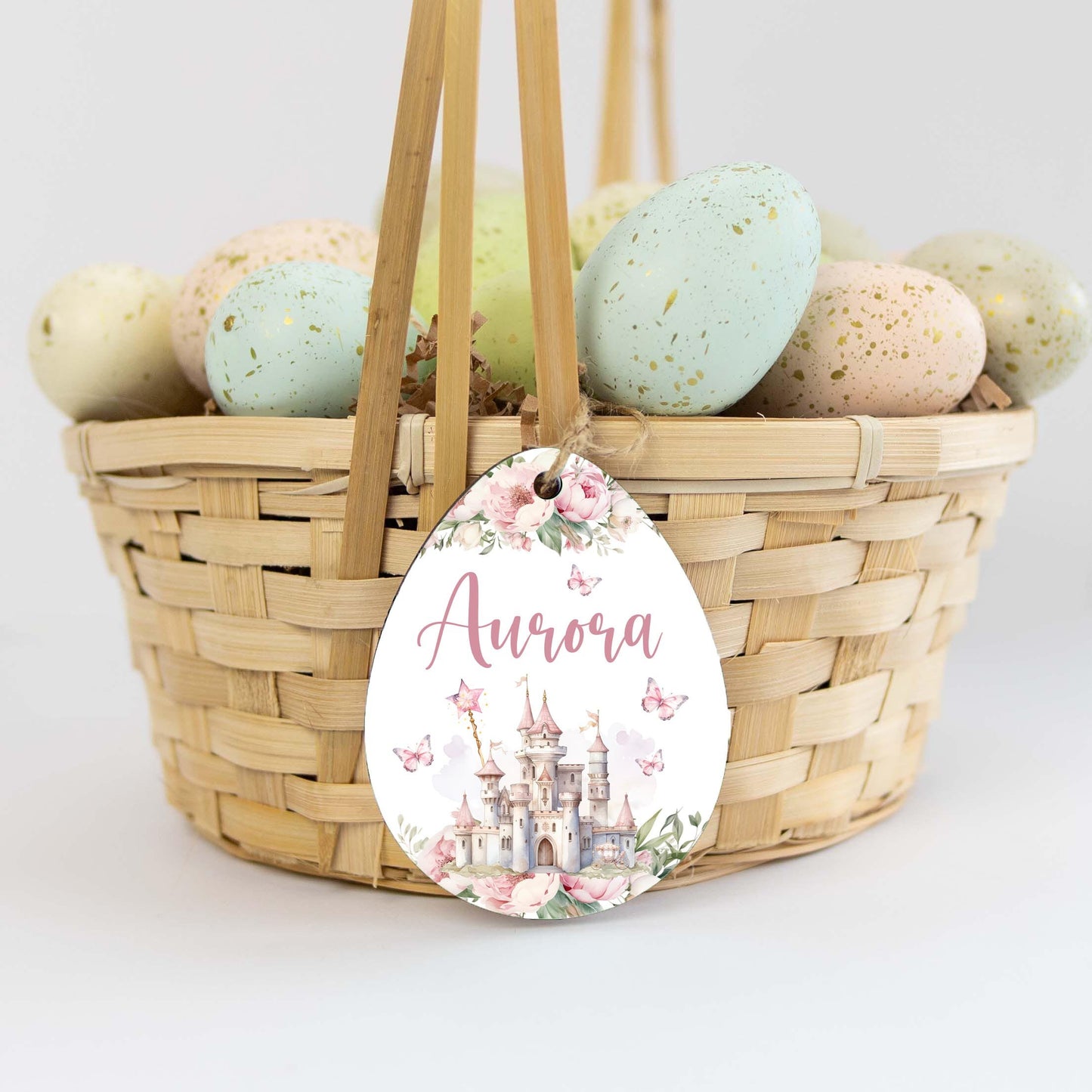 Hydrangea Floral Easter Basket Wood Name Tag, F66