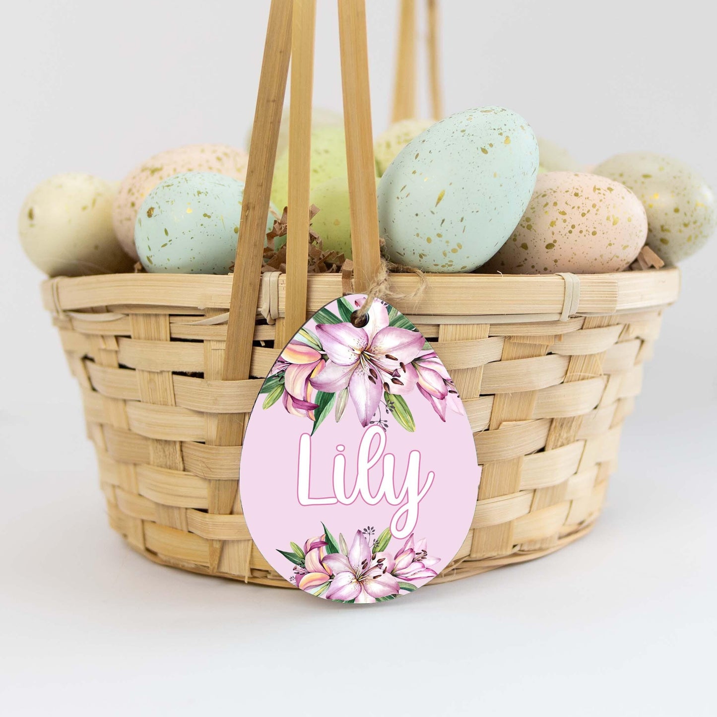 Lily Floral Easter Basket Wood Name Tag, F10