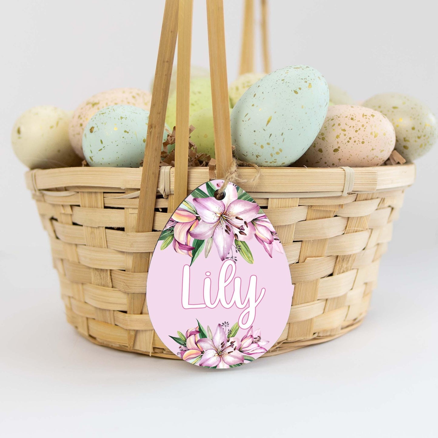 Hydrangea Floral Easter Basket Wood Name Tag, F66