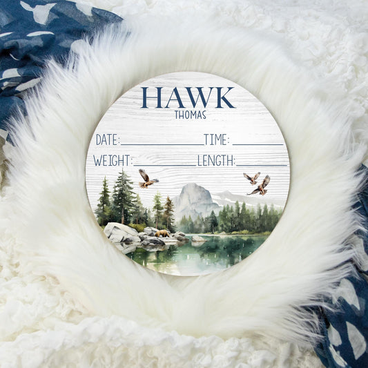 Hawk Baby Wood Birth Stat Sign, Boy M32