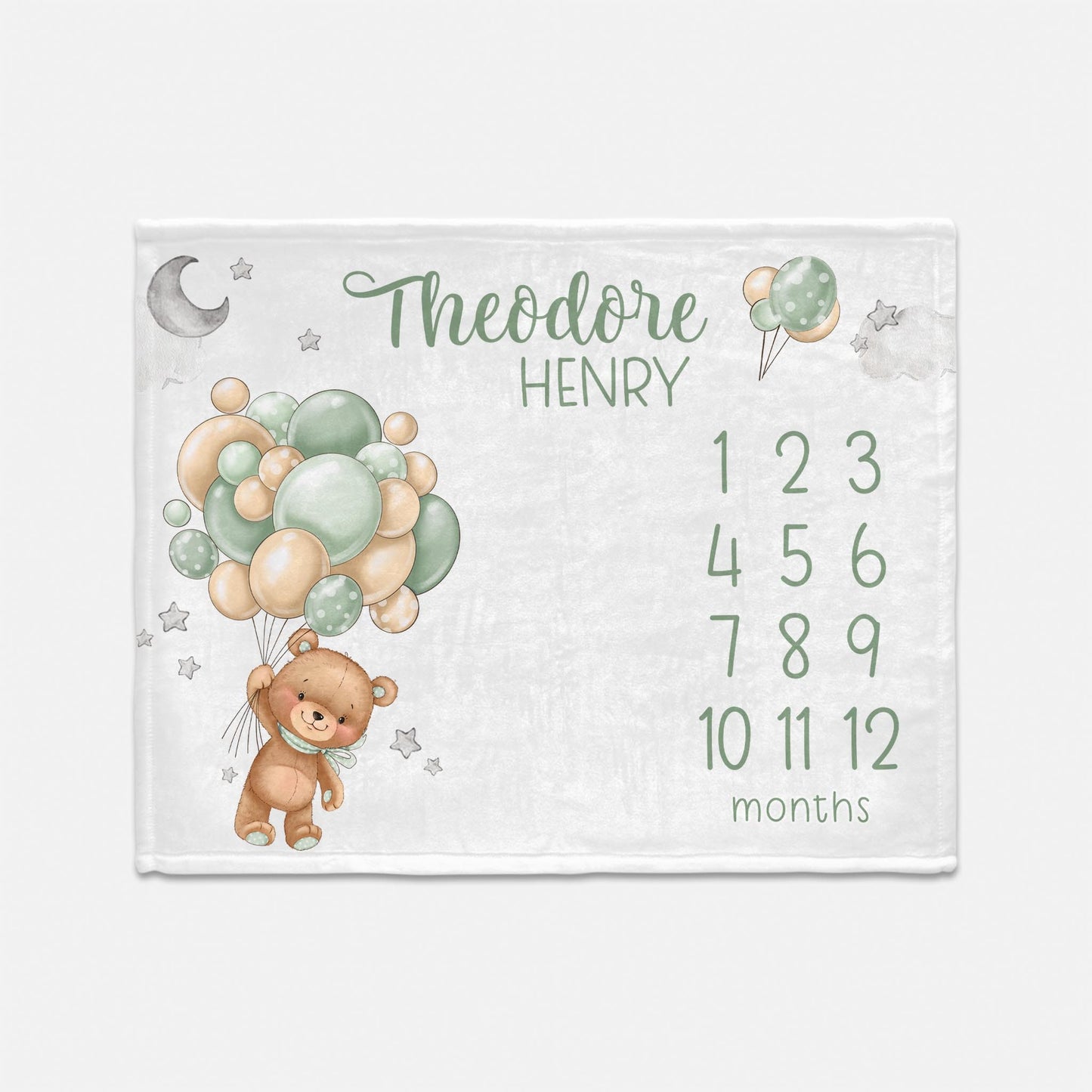 Boy Lullaby Bear Balloon Baby Milestone Blanket, T57