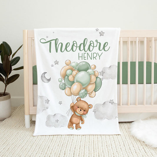 Personalized Boy Bear Moon Stars Baby Blanket, T57