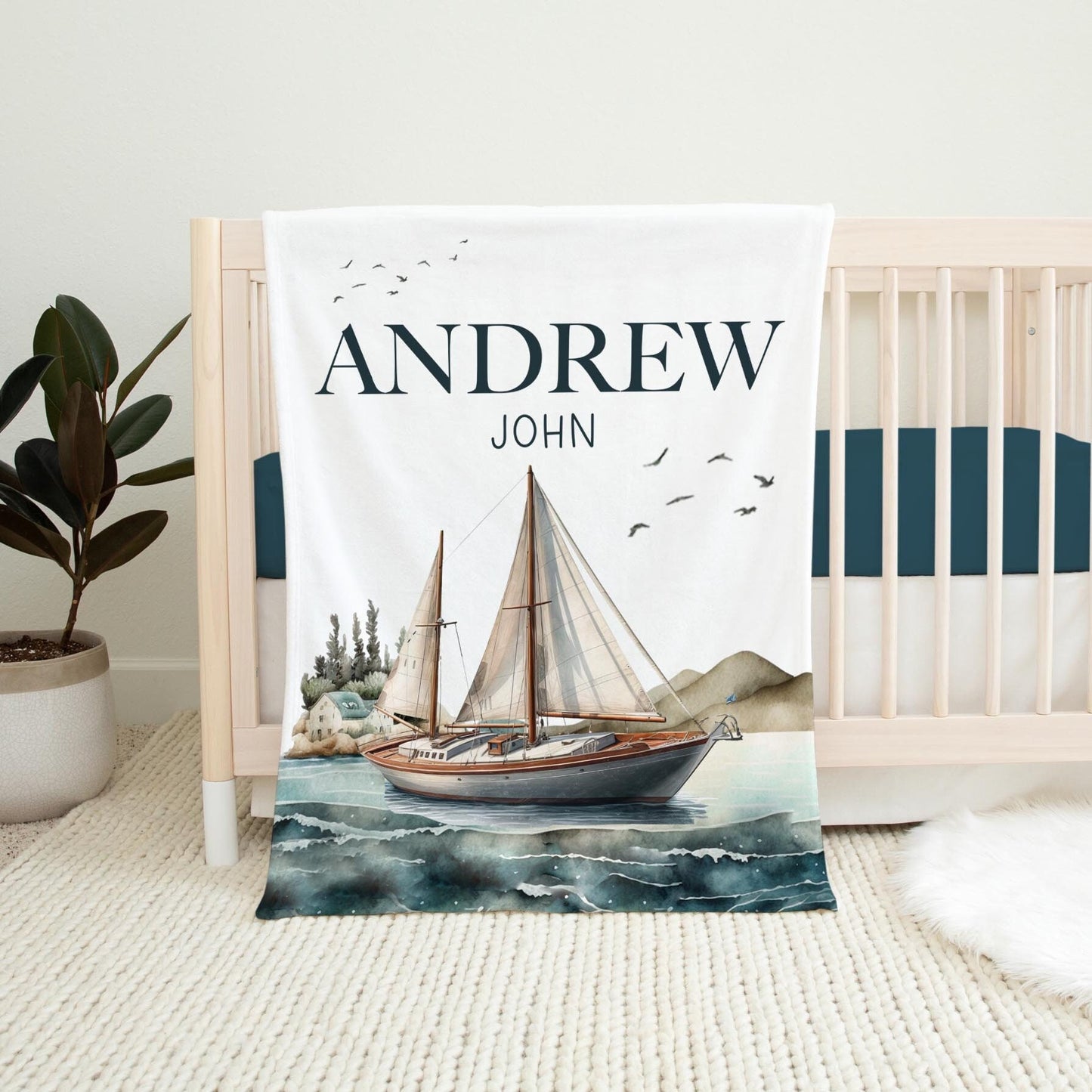 Sailboat Boy Blanket, Nautical Theme O41