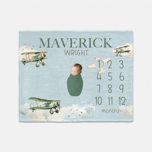 Airplane Baby Milestone Blanket, Planes and Clouds Milestone Boy Blanket, T68