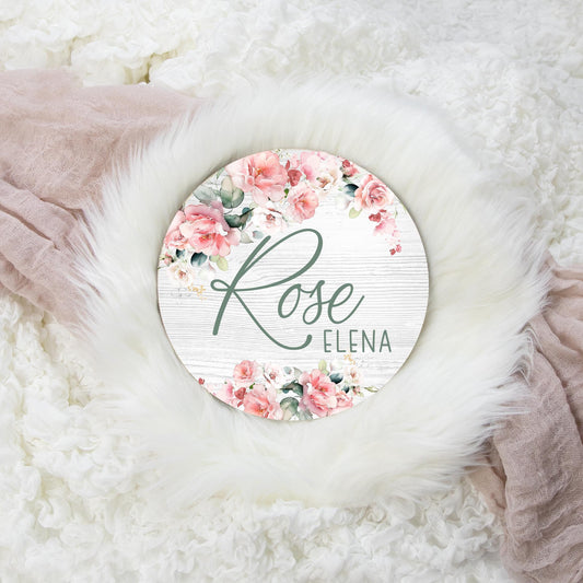 Pink Rose Floral Round Wood Name Sign, F104