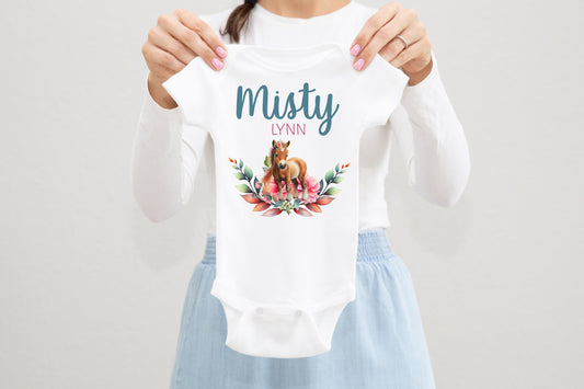 Horse Baby Bodysuit, Floral Pony Bodysuit, C49