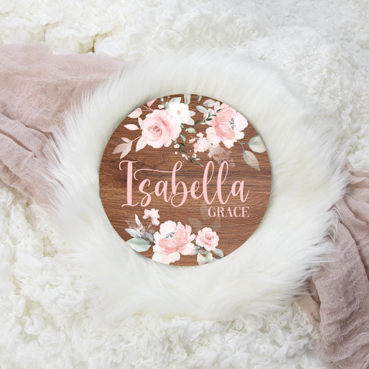 Blush Rose Floral Round Wood Name Sign, F69