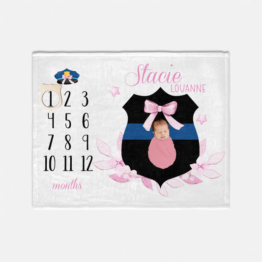 Thin Blue Line Baby Milestone Blanket, Policeman Baby Blanket, B17