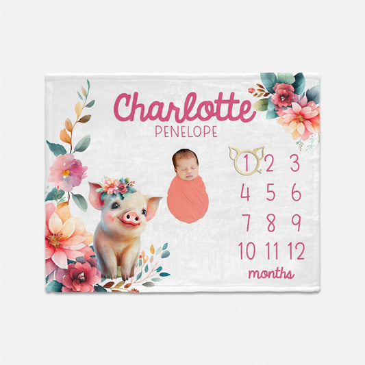 Piglet Floral Baby Milestone Blanket, Girl Farm C50