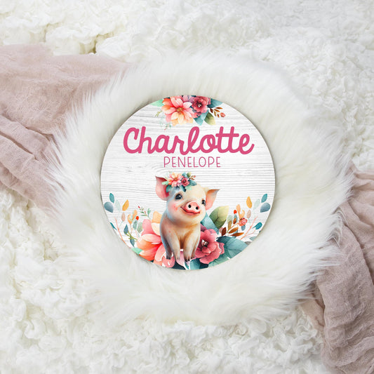 Piglet Round Wood Name Sign, Girl Farm Theme C50