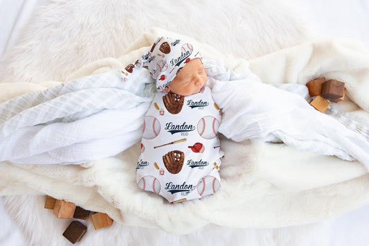 Baseball Swaddle Set, Personalized Sports Baby Blanket, B77