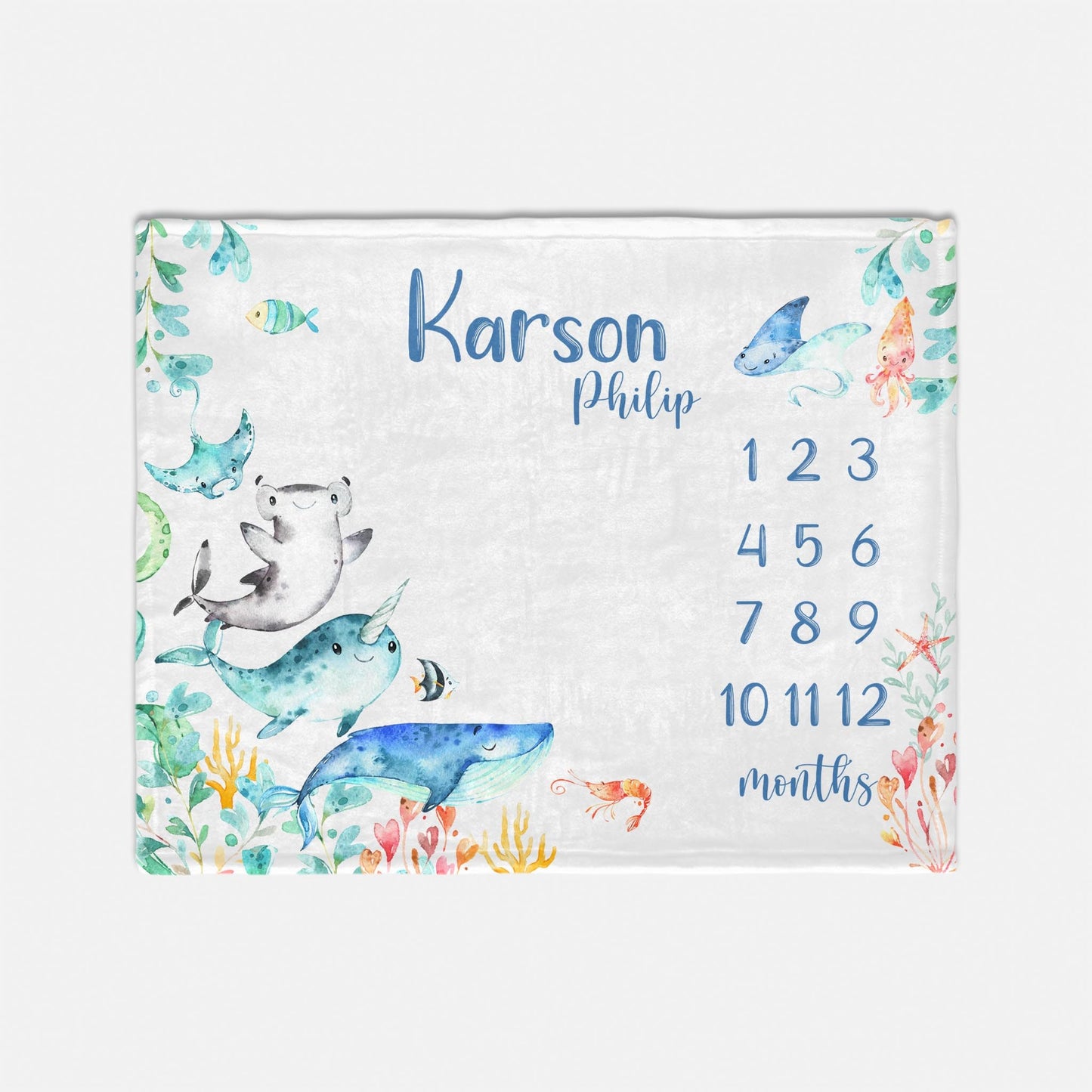 Under The Sea Baby Boy Milestone Blanket, Shark, Narwhal, Whale O42