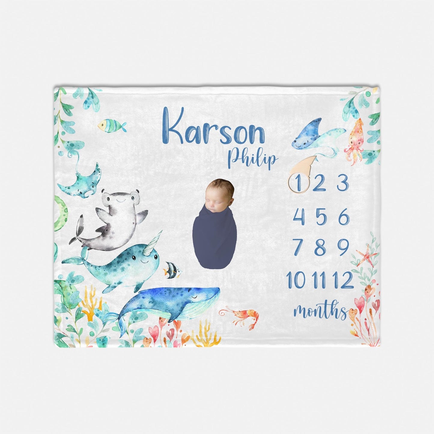 Under The Sea Baby Boy Milestone Blanket, Shark, Narwhal, Whale O42