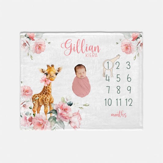 Safari Giraffe Girl Milestone Blanket, Floral Giraffe Blanket S67