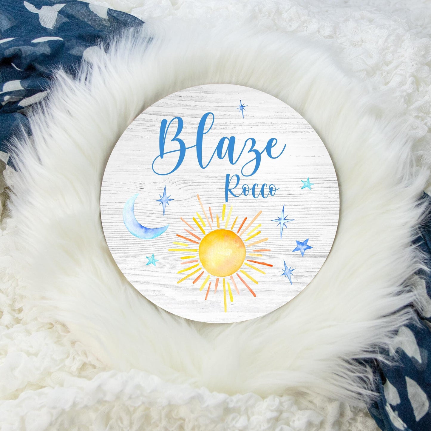 Sun and Moon Name Sign, Round Wood Name Sign, Sunshine Nursery T43