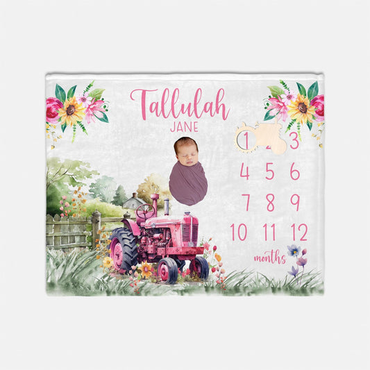 Pink Tractor Baby Milestone Blanket, Farm Girl C51