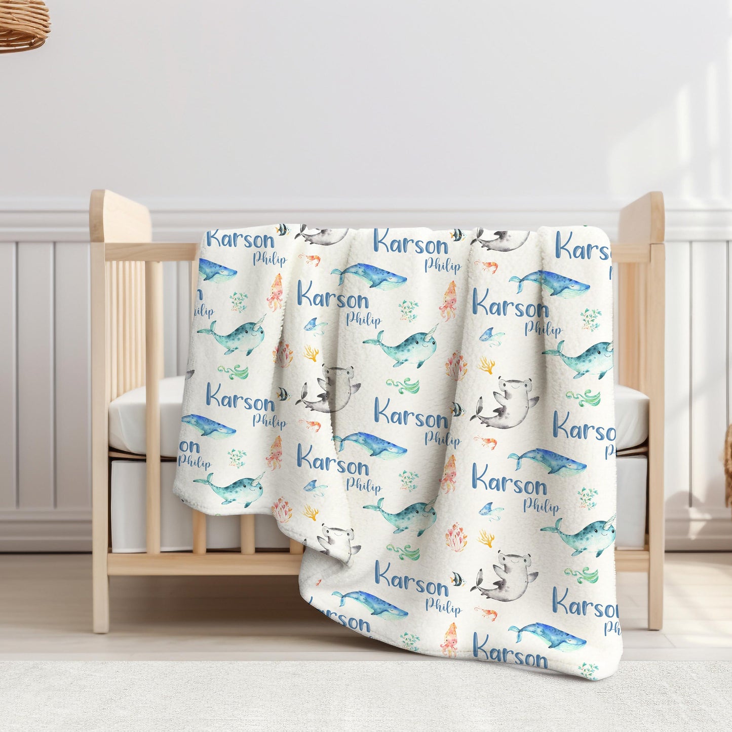 Whale Swaddle Set, Ocean Life Blanket, Narwhal O42