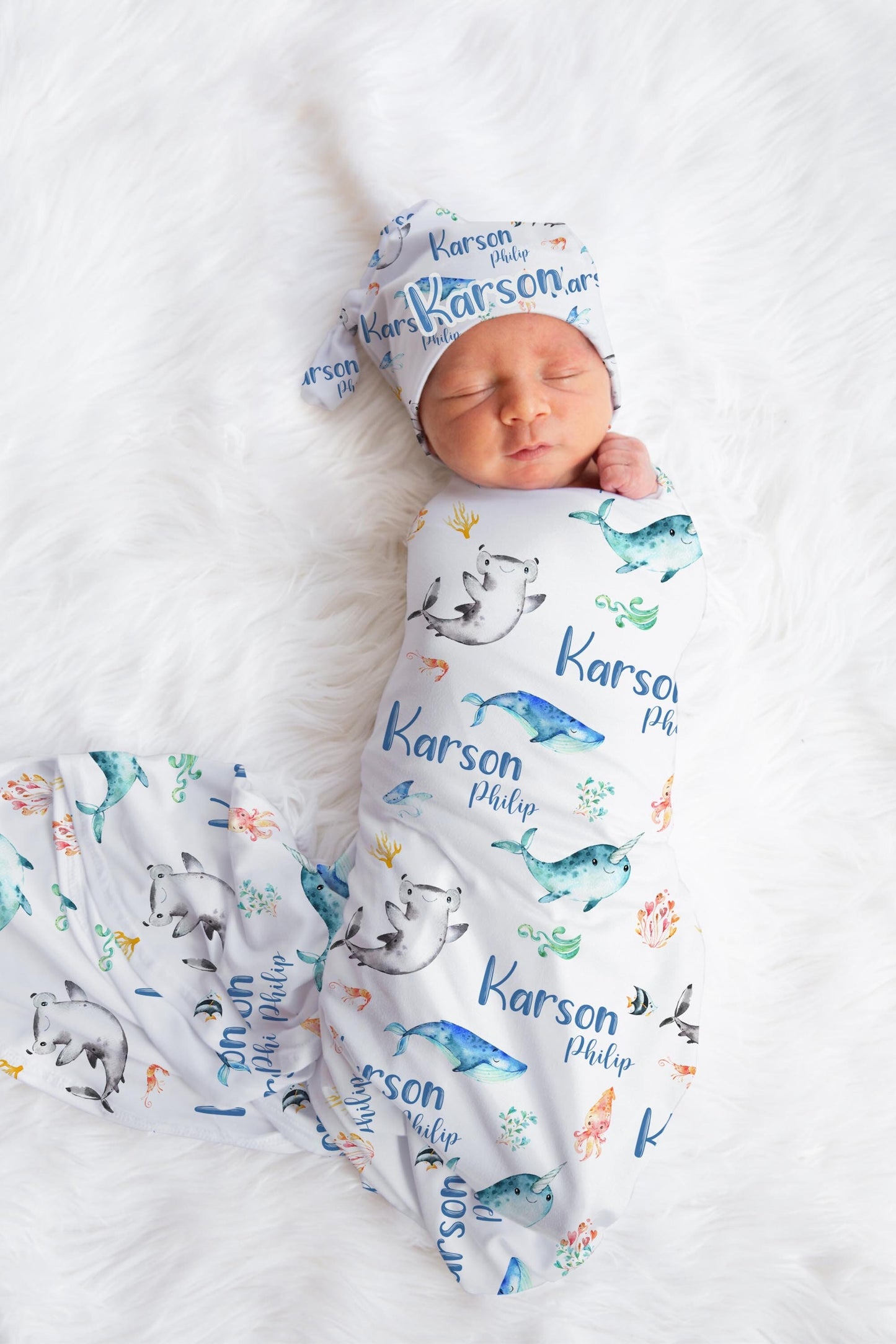 Whale Swaddle Set, Ocean Life Blanket, Narwhal O42